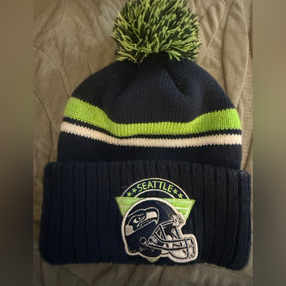 Seattle Seahawks Navy and Green NFL Pom-Pom Beanie Hat